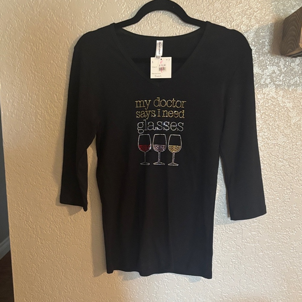 Chic Black Long Sleeve Top with Wine Glasses Design